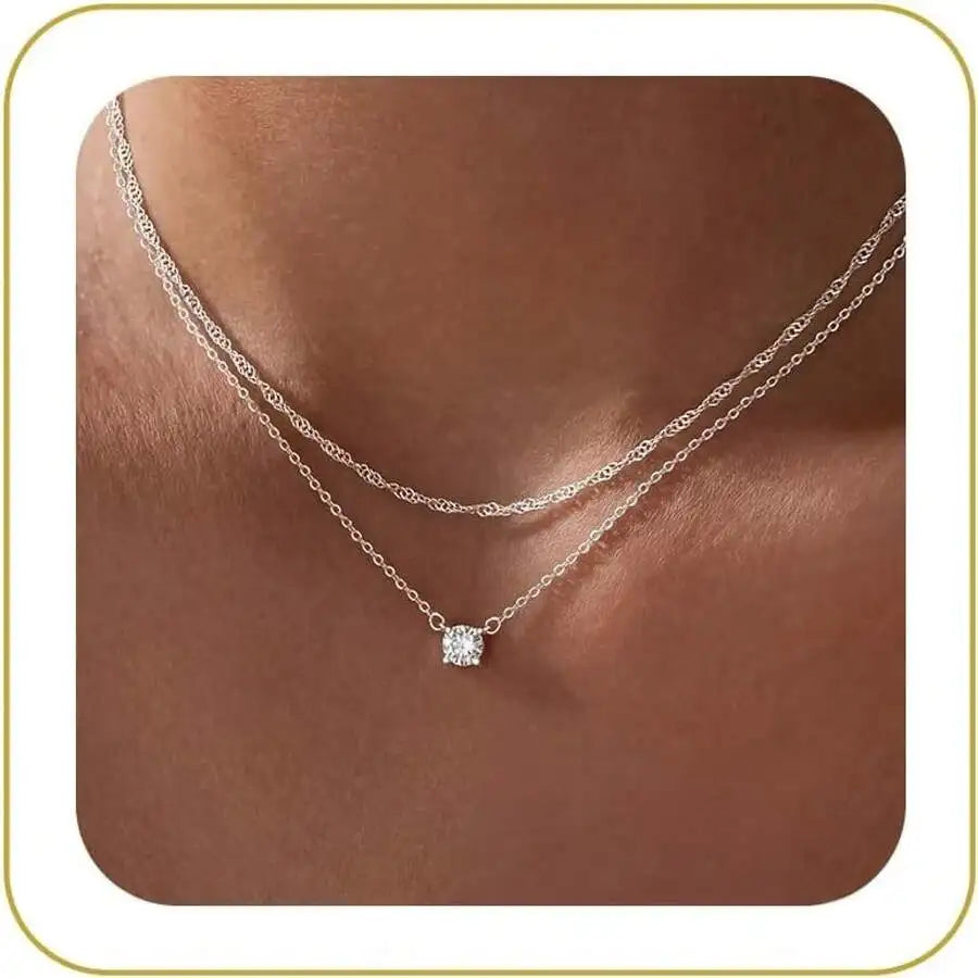 Layered CZ Pendant Necklace With Star And Crystal Charms