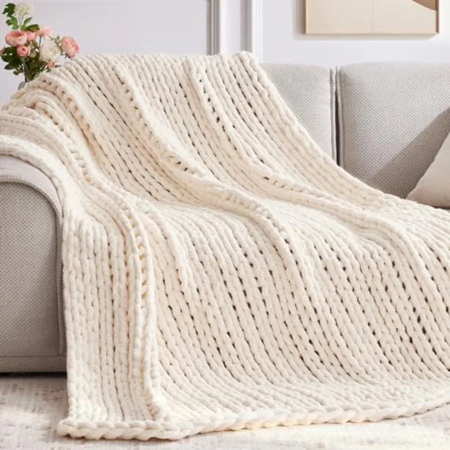 Chunky Knit Throw Blanket Chenille Yarn Handmade Cozy
