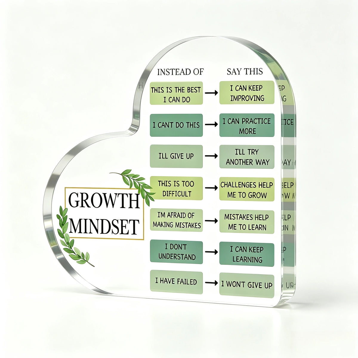 Clear Acrylic Heart Desktop Sign for Growth Mindset