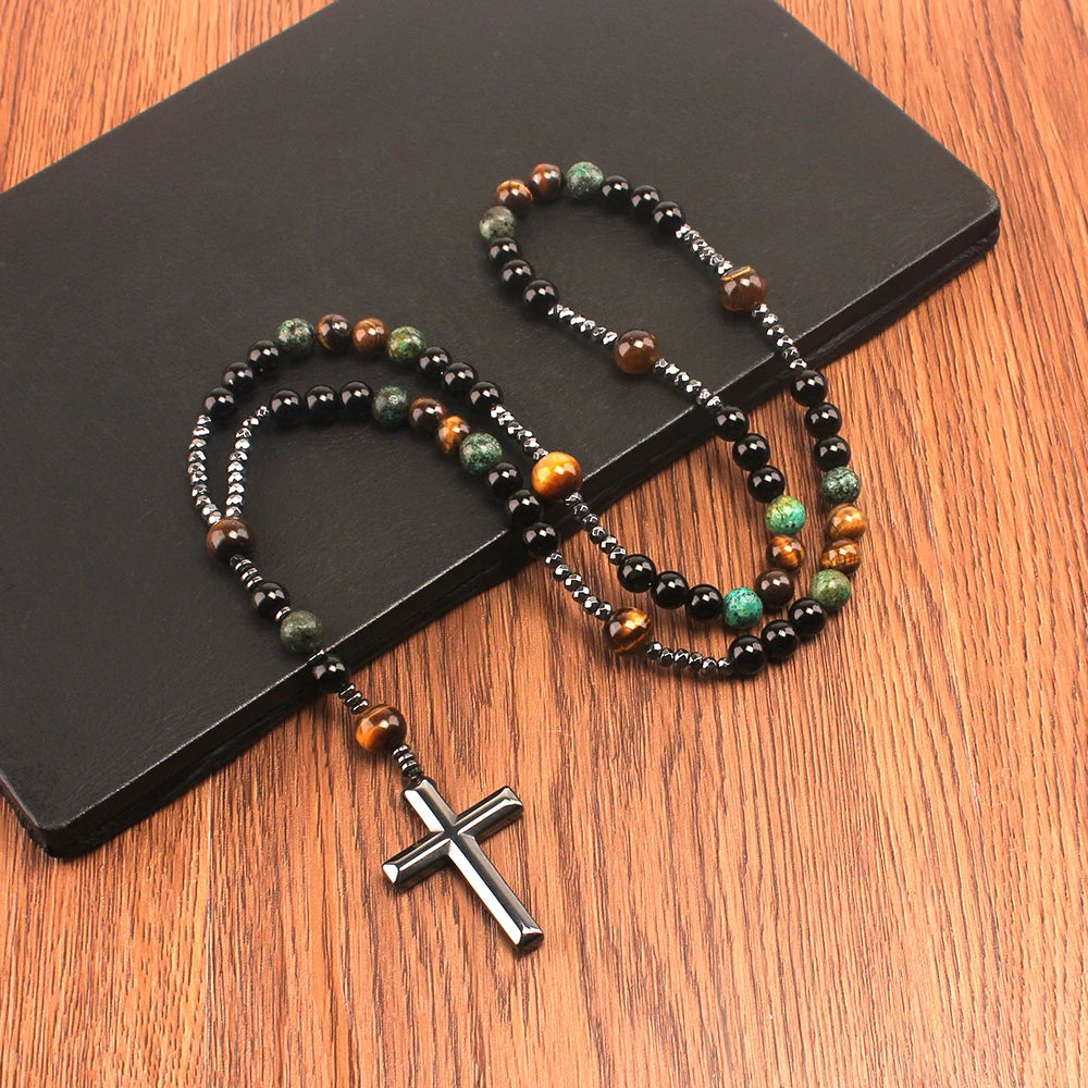Natural Stone Africa Turquoise And Tiger Eye Beads Cross Necklace