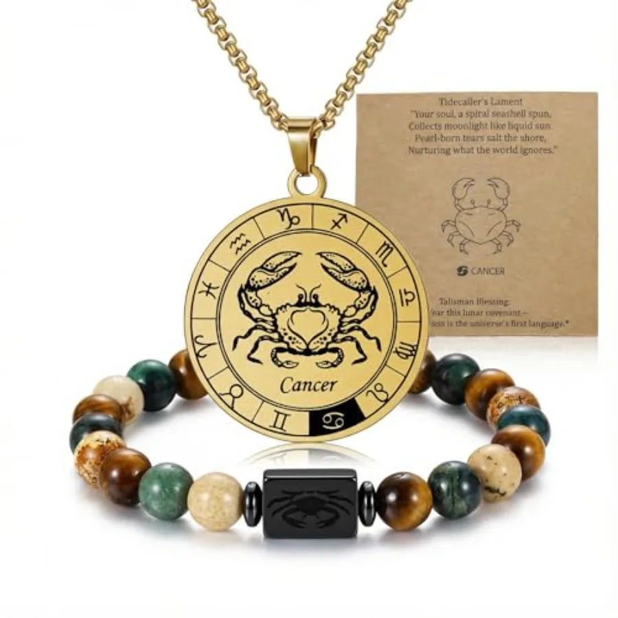 Zodiac Constellation Jewelry Set Stainless Steel Necklace and Stone Bracelet