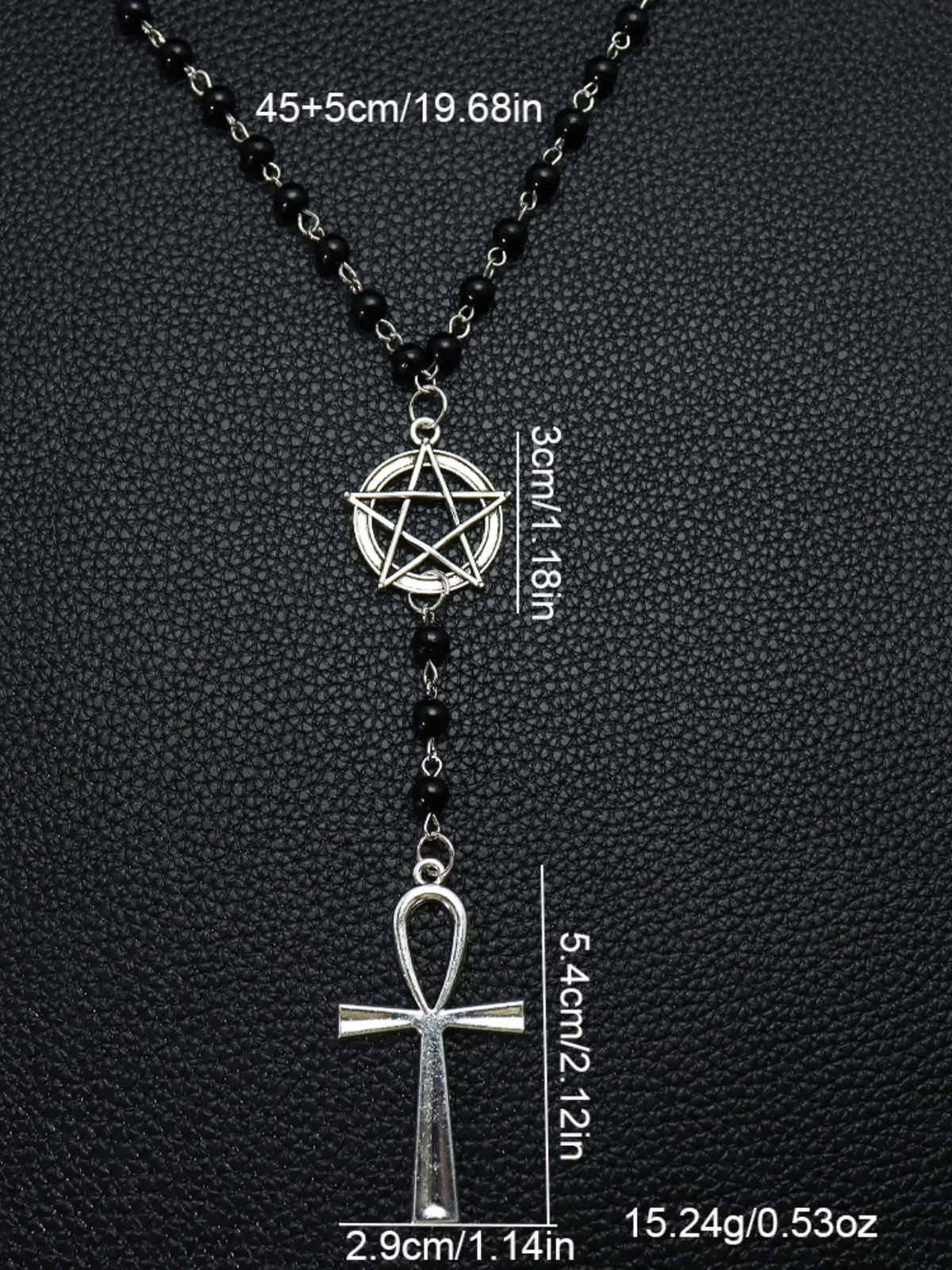 Gothic Pentagram Ankh Beaded Necklace With Crow Skull Pendant