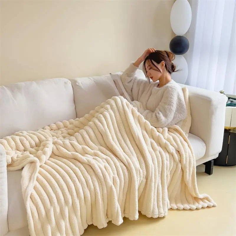 300GSM Fleece Blanket Soft Warm Throw Polyester Microfiber 3D Stripe All Seasons