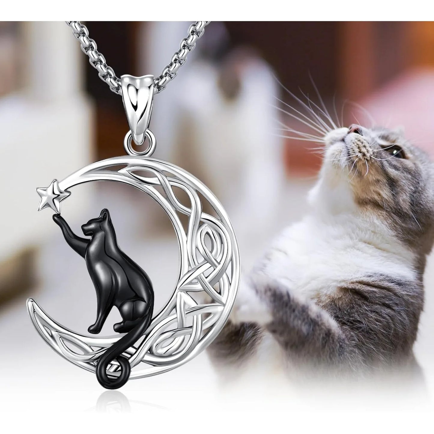 DRINSPER Black Cat Celtic Knot Necklace 925 Sterling Silver Pendant