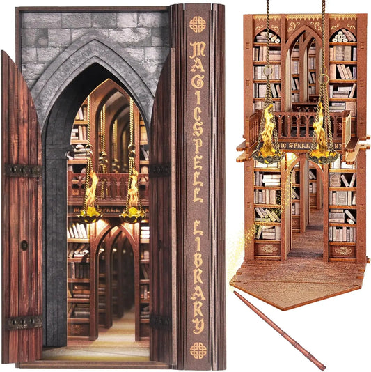 SHXI DIY Book Nook Kit With Flame Illusion Infinite Library