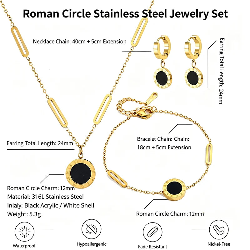 GDKL Roman Numeral Pendant Stainless Steel Jewelry Set Bracelet Earrings