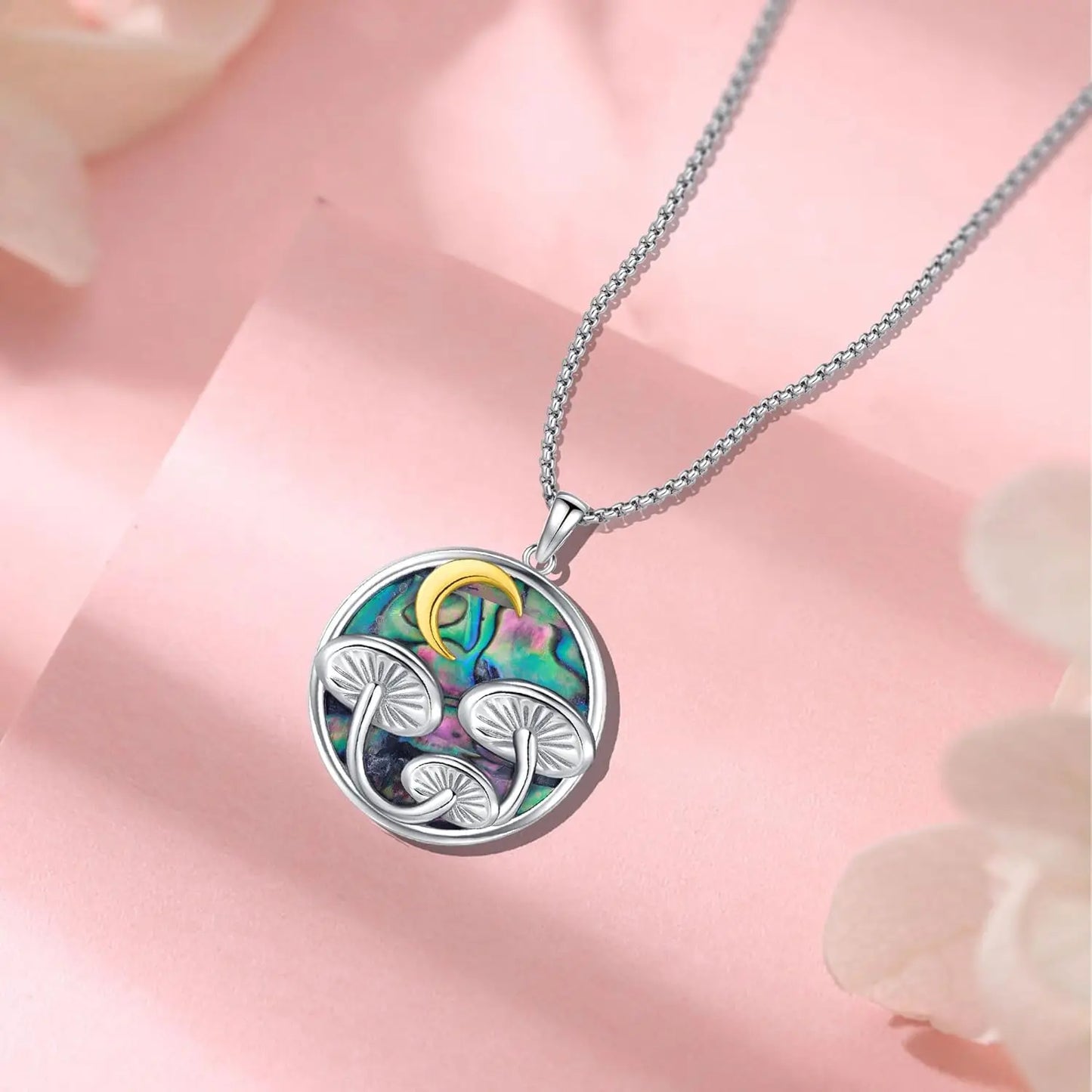 DRINSPER Mushroom Necklace 925 Sterling Silver Abalone Moon Pendant