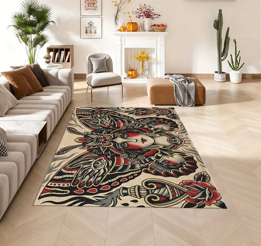 Vintage Tattoo Lady Butterfly Print Polyester Floor Carpet