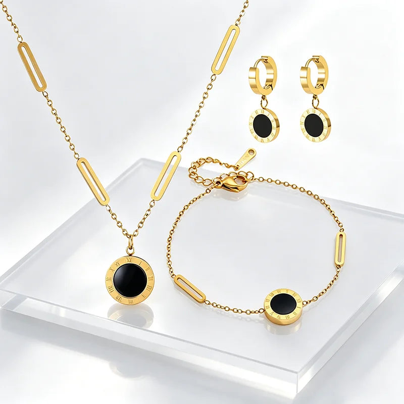 GDKL Roman Numeral Pendant Stainless Steel Jewelry Set Bracelet Earrings