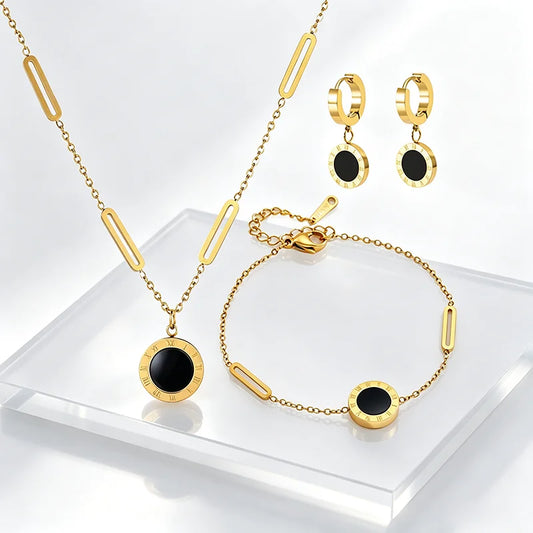 GDKL Roman Numeral Pendant Stainless Steel Jewelry Set Bracelet Earrings