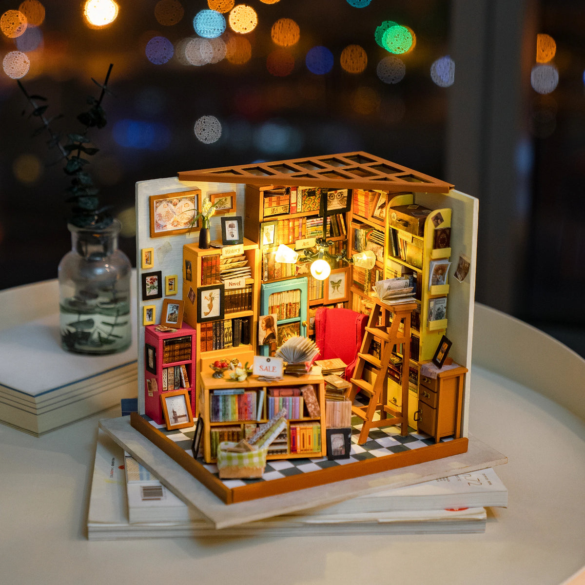 Rolife 3D Wooden Miniature Library Dollhouse Kit With LED Light