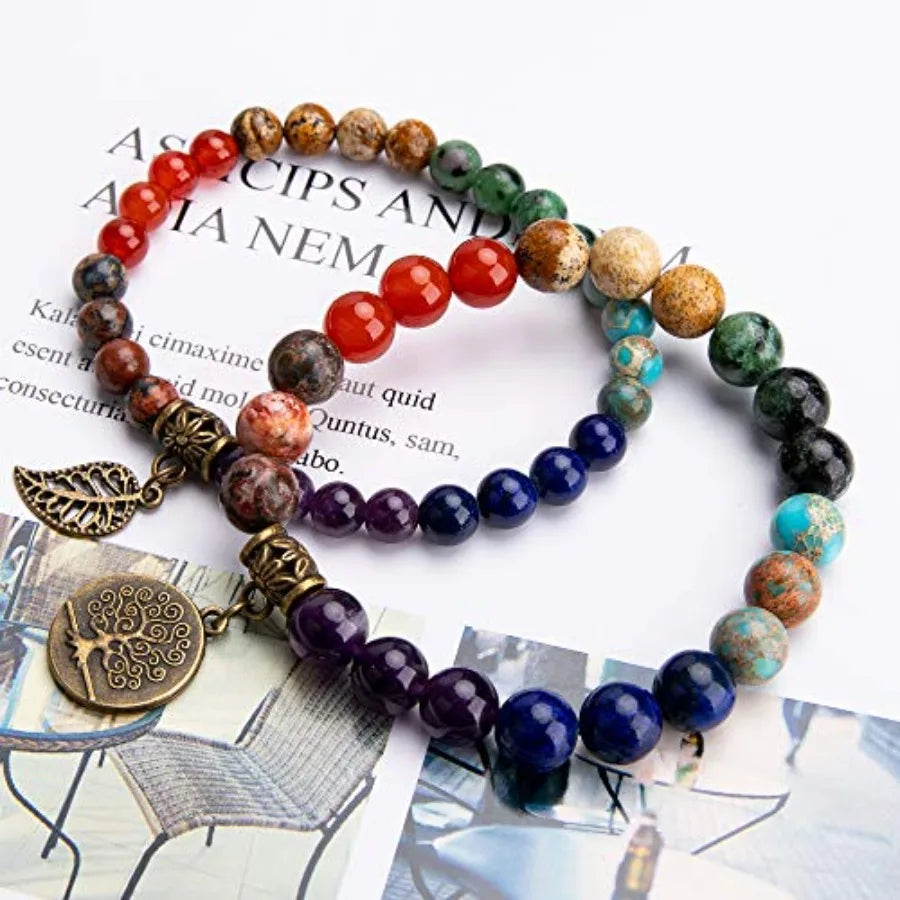 Life Tree and Leaf Charm Energy Reiki Crystal Stretch Bracelets