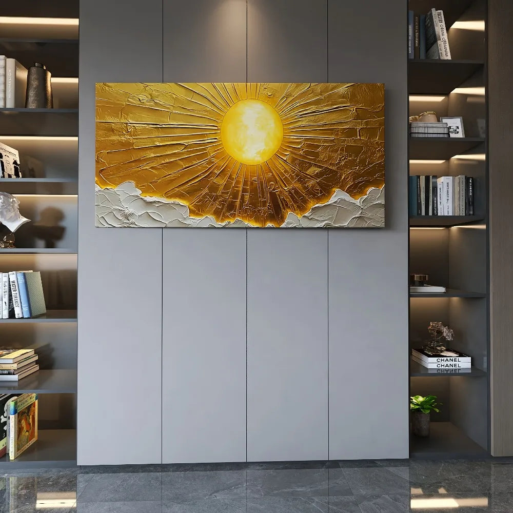 Large Abstract Sun Canvas Wall Art With Pine Frame