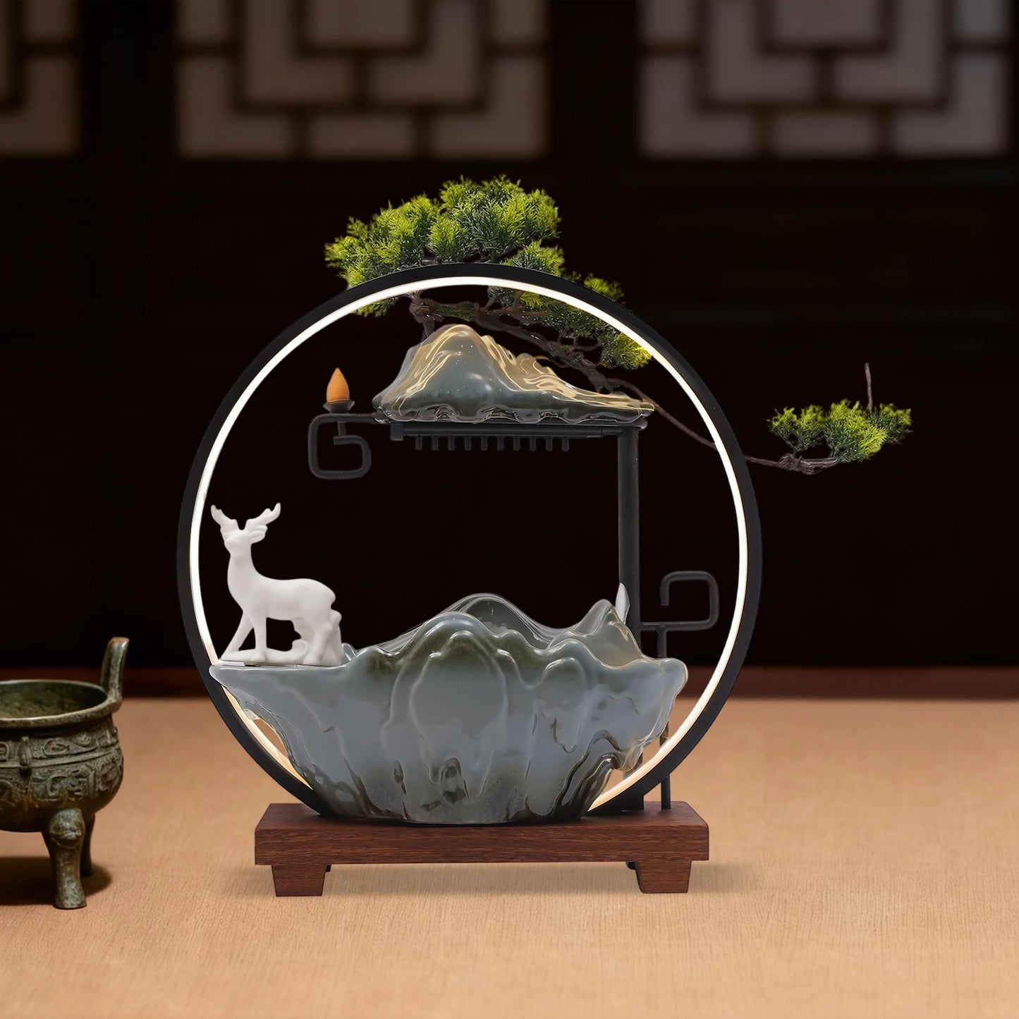 Ceramic Tabletop Fountain With Mist, LED Lighting, Deer Figurine And Pine Branches