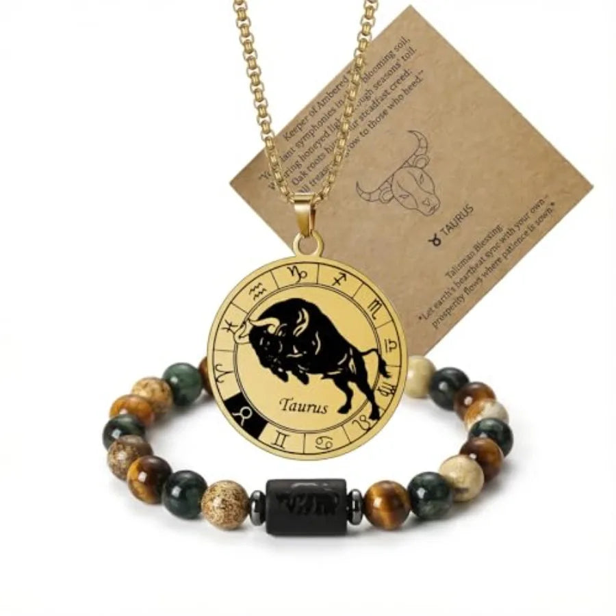 Zodiac Constellation Jewelry Set Stainless Steel Necklace and Stone Bracelet