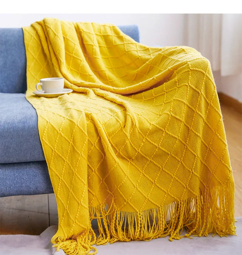 Knit Throw Blanket With Tassels All Acrylic Vintage Farmhouse