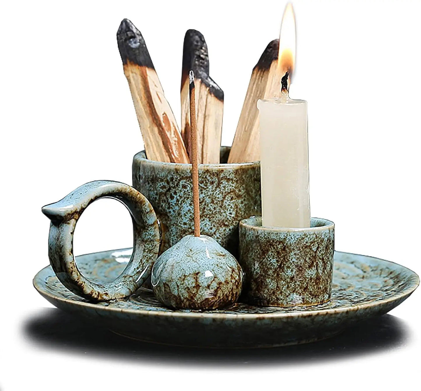 Ceramic 4-In-1 Incense Burner With Handle Sage Palo Santo