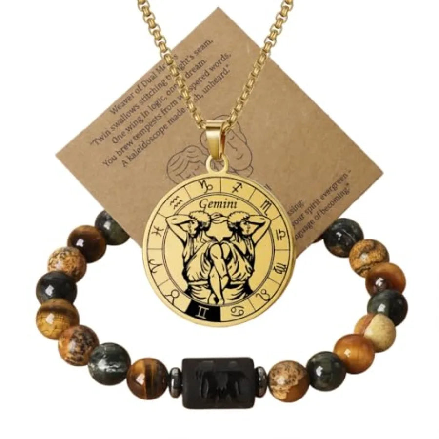 Zodiac Constellation Jewelry Set Stainless Steel Necklace and Stone Bracelet
