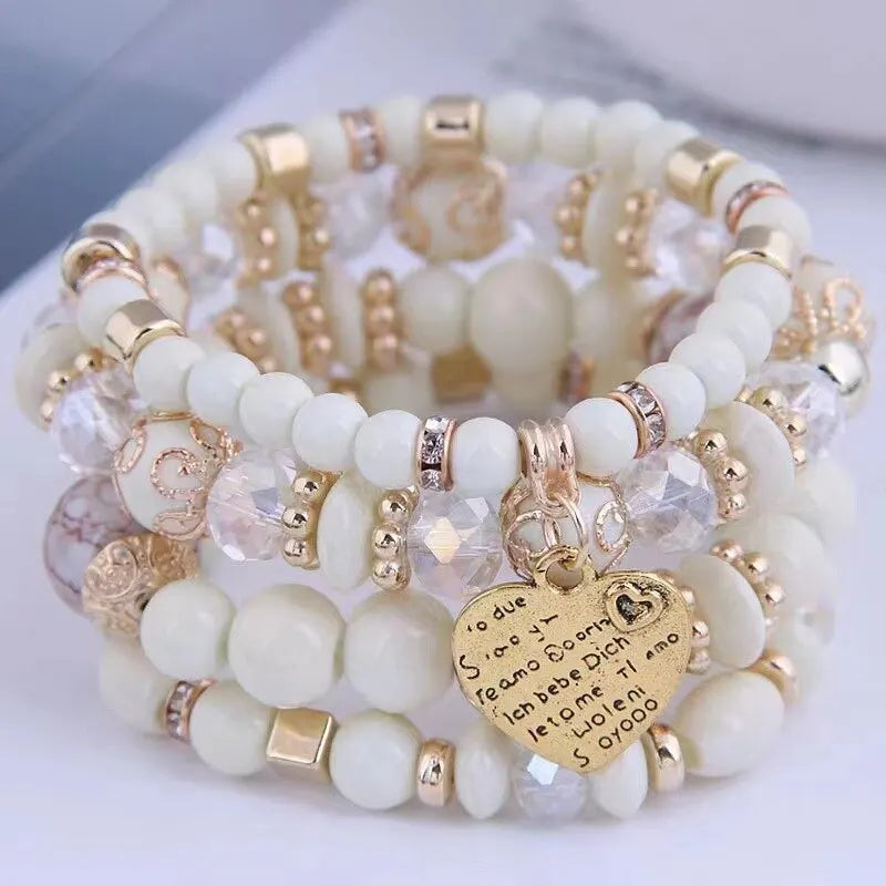Women Boho Strand Bracelets Crystal Heart Letter Elastic Bangle Jewelry