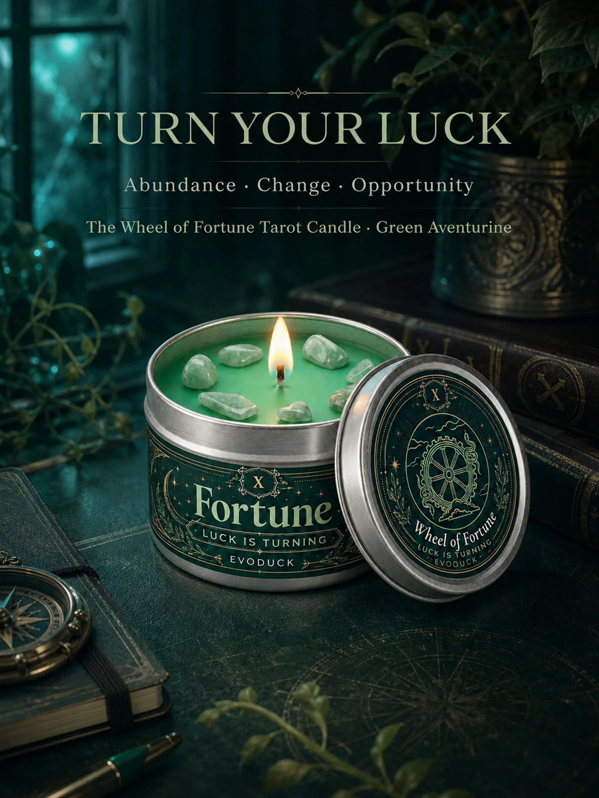 Evoduck Wheel of Fortune Tarot Candle with Crystals Spiritual Abundance