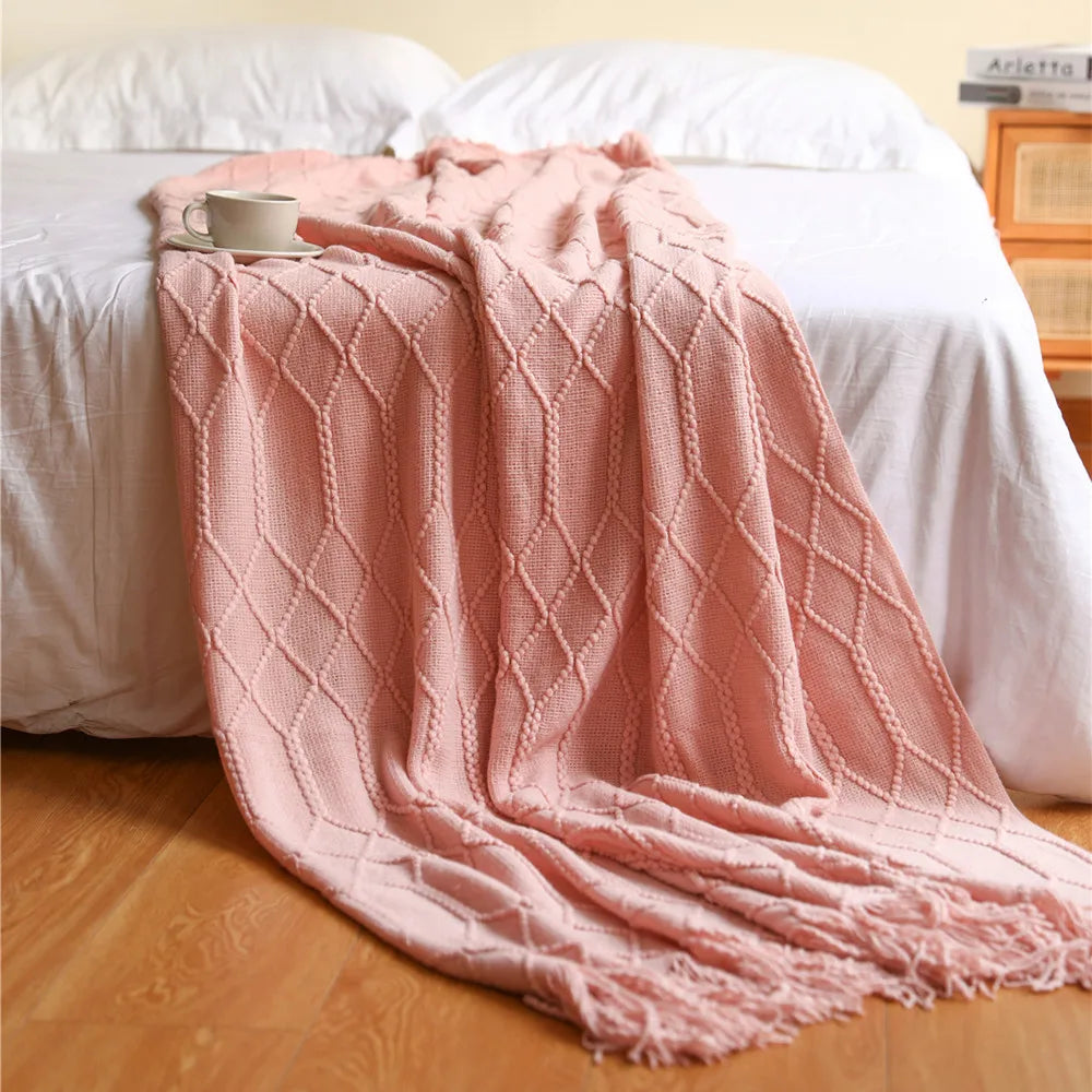 Knit Throw Blanket With Tassels All Acrylic Vintage Farmhouse