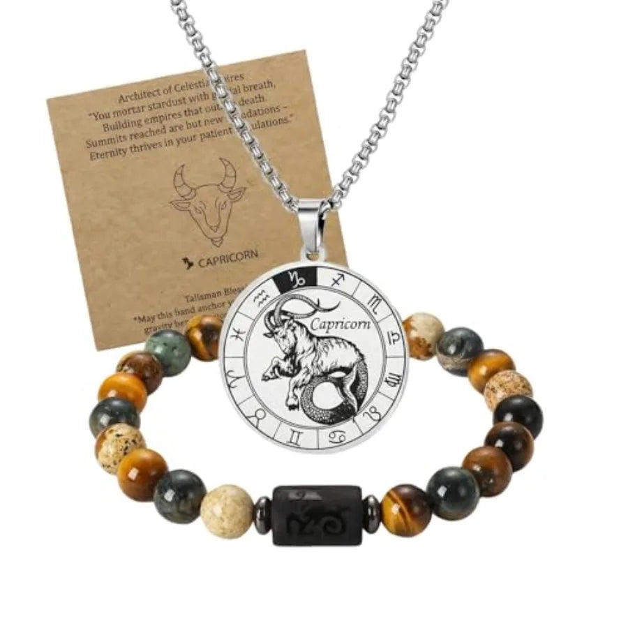 Zodiac Constellation Jewelry Set Stainless Steel Necklace and Stone Bracelet