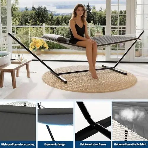 Double Outdoor Hammock For Two With Cushion And Foldable Steel Stand – Portable Heavy Duty