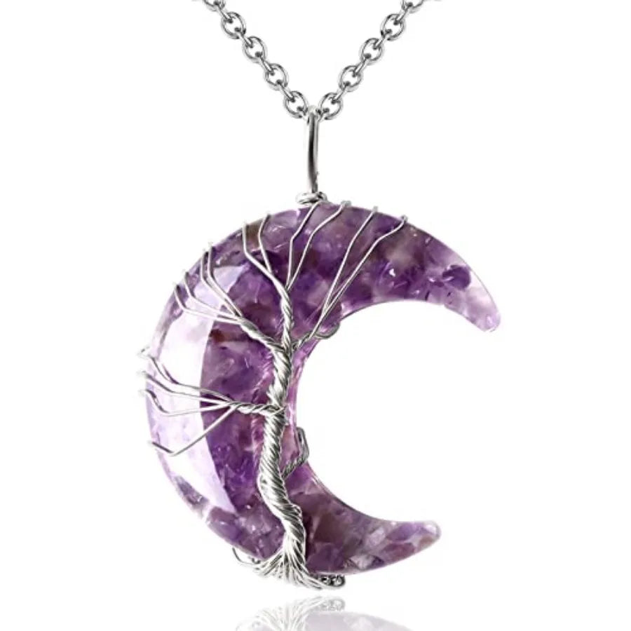 Healing Crystal Tree Life Crescent Moon Wire Wrapped Necklace
