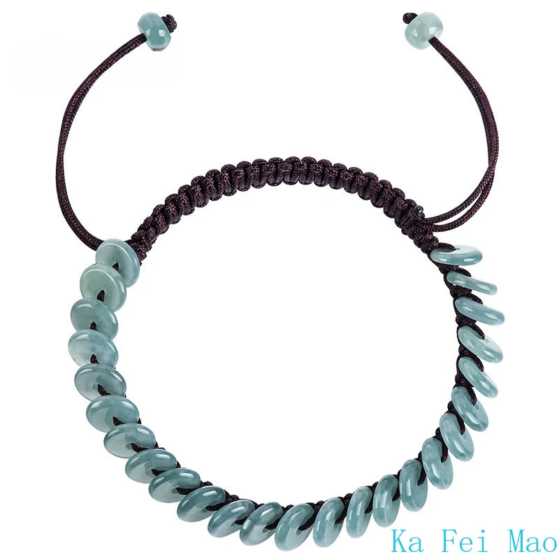 Natural Jadeite Blue Water Peace Buckle Hand Woven Bracelet