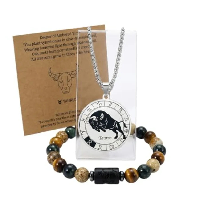 Zodiac Constellation Jewelry Set Stainless Steel Necklace and Stone Bracelet