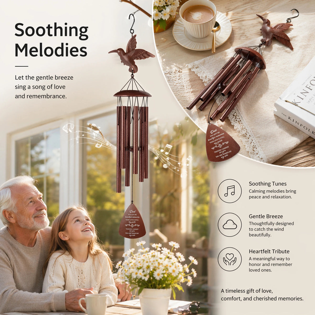 Hummingbird Memorial Wind Chime Weather Resistant Outdoor Garden Decor