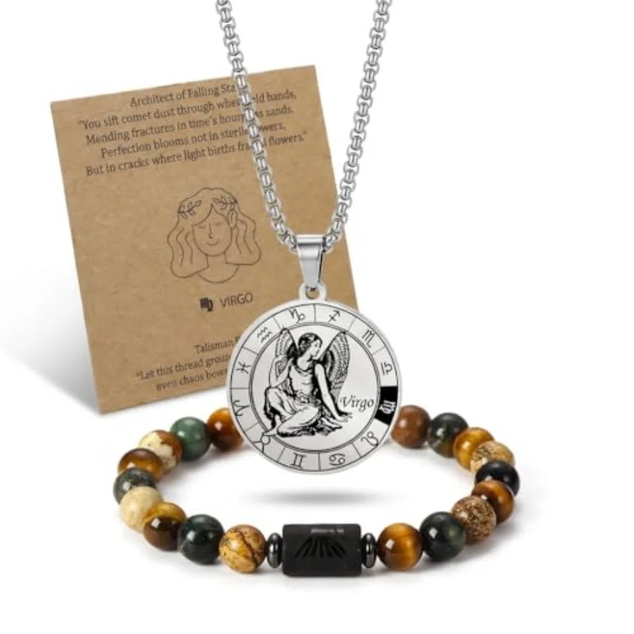 Zodiac Constellation Jewelry Set Stainless Steel Necklace and Stone Bracelet