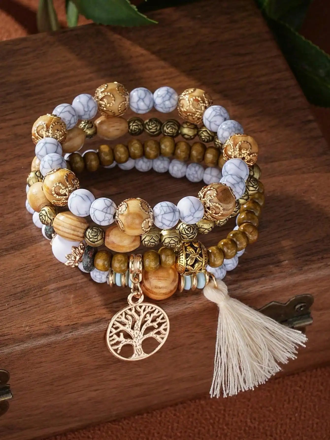 4pcs/Set Boho Style Life Tree Tassel Pendant Multi-Layer Wooden Beads Bracelet