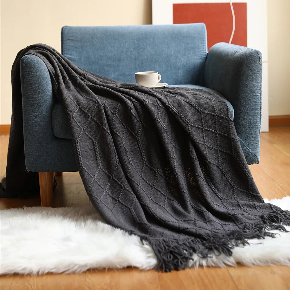 Knit Throw Blanket With Tassels All Acrylic Vintage Farmhouse