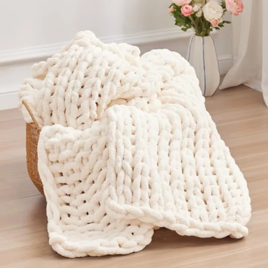 Chunky Knit Throw Blanket Chenille Yarn Handmade Cozy