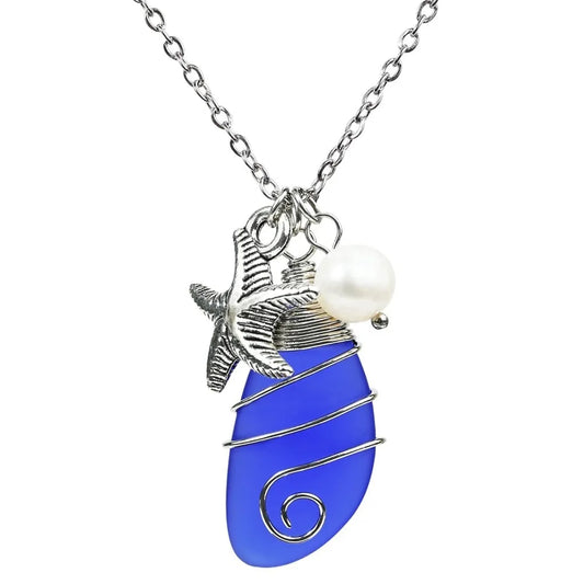 Wire Wrapped Beach Necklaces with Starfish Pendant, Freshwater Pearls, Sea Glass Jewelry,Handmade Necklaces Gift for Women Girls