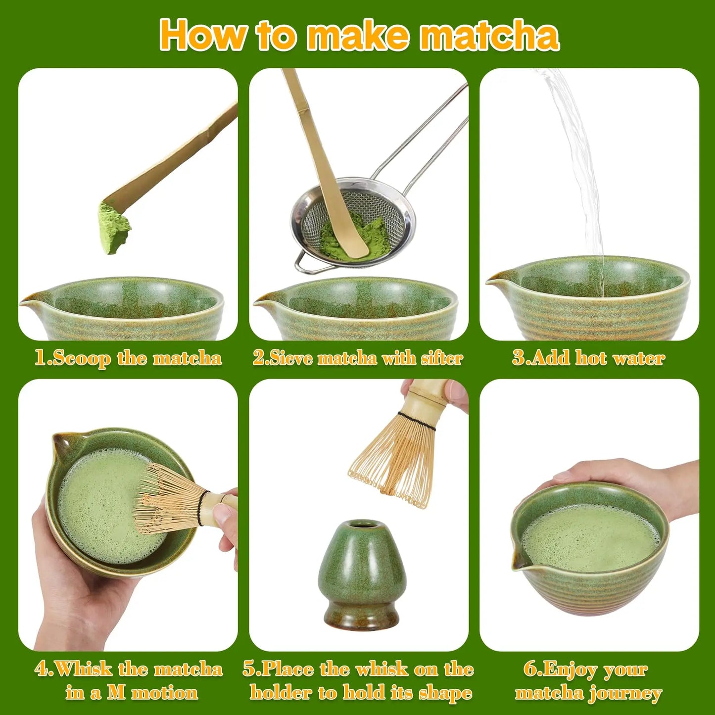HiMISS 7 Piece Matcha Whisk Set With Ceramic Bowl Accessories