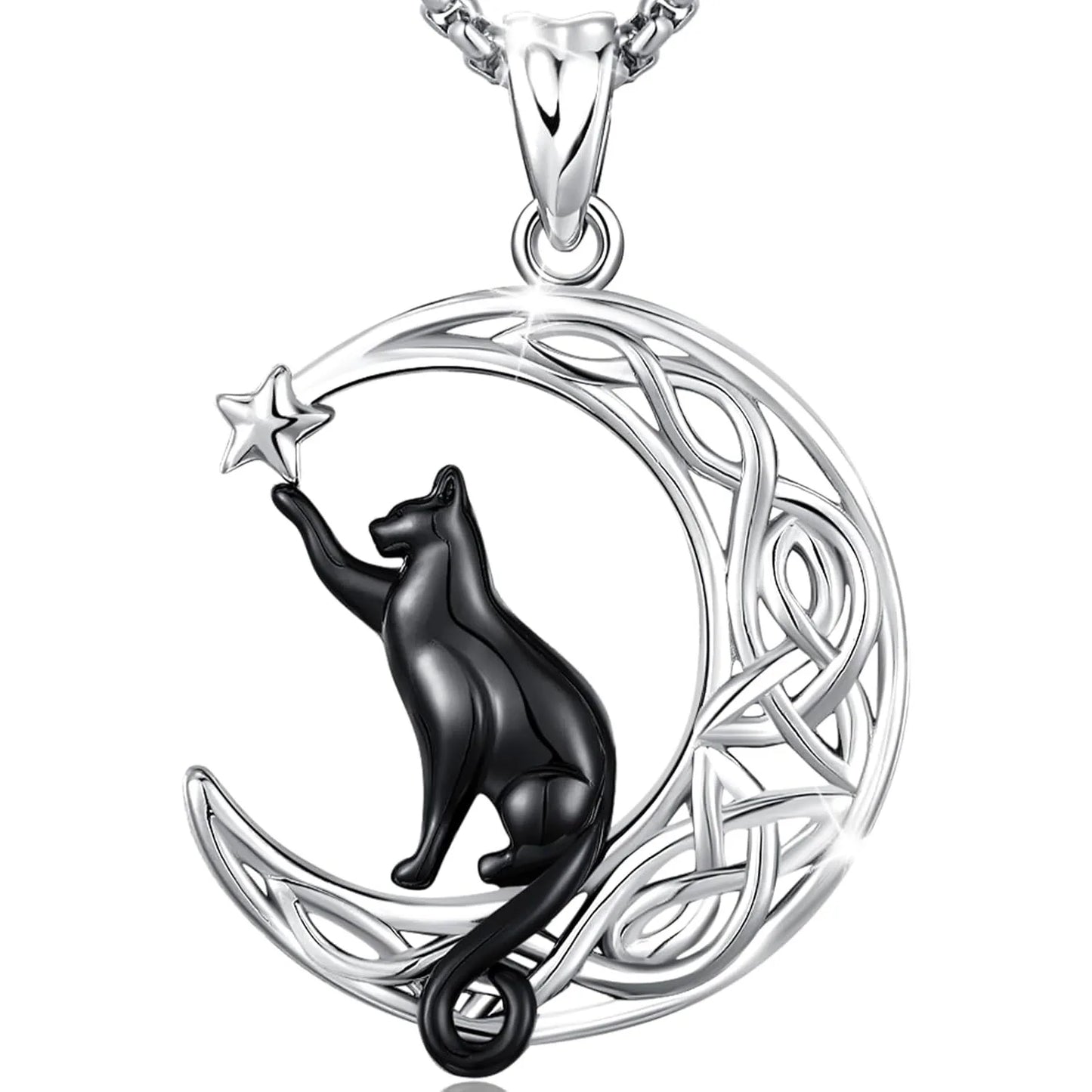 DRINSPER Black Cat Celtic Knot Necklace 925 Sterling Silver Pendant