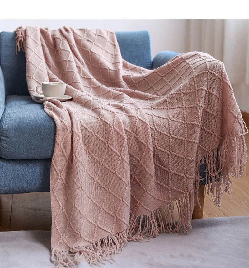 Knit Throw Blanket With Tassels All Acrylic Vintage Farmhouse