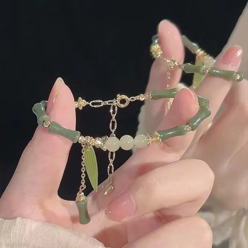 Handmade Bamboo Joint Leaves Tassel Beaded Strand Bracelet For Women