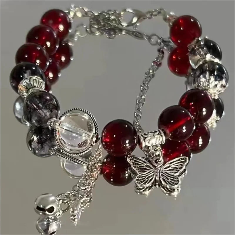 Women Vintage Elastic Beaded Bracelet With Crystal Feather Pendant