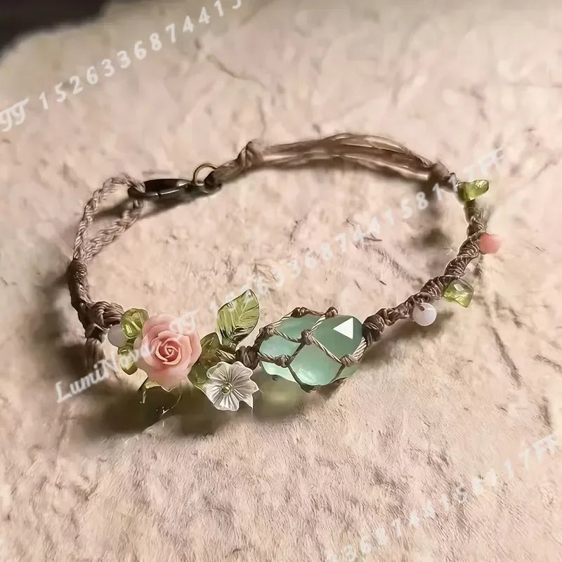 Boho Vintage Macrame Woven Bracelet With Crystal Flower Charm