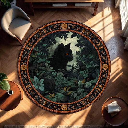 Vintage Floral Gothic Cat Round Polyester Floor Mat