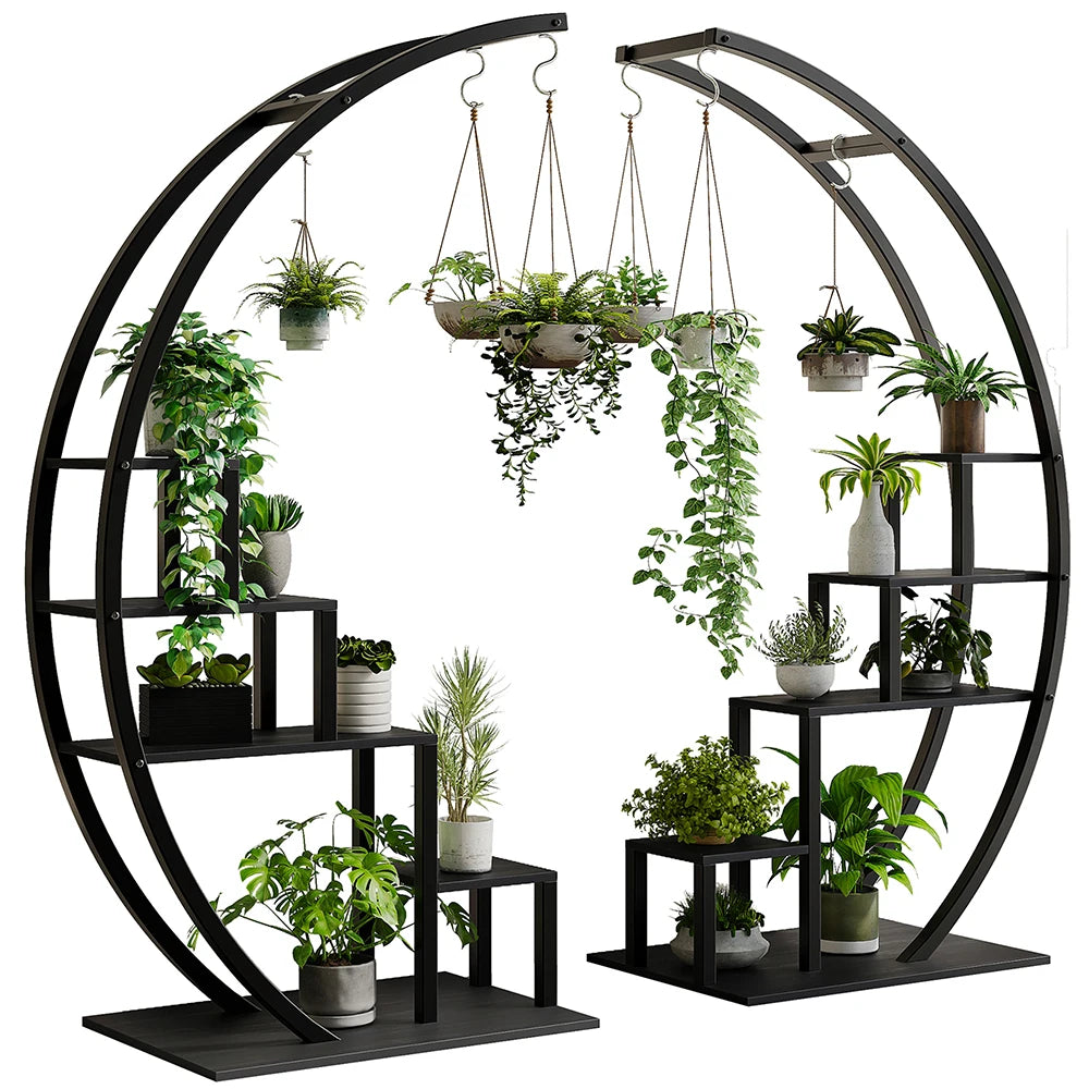 HiMISS 5 Tier Metal Plant Stand Half Moon Indoor Plant Shelf With Hooks