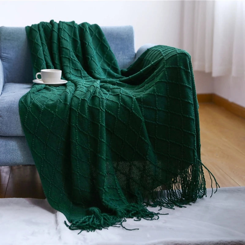 Knit Throw Blanket With Tassels All Acrylic Vintage Farmhouse