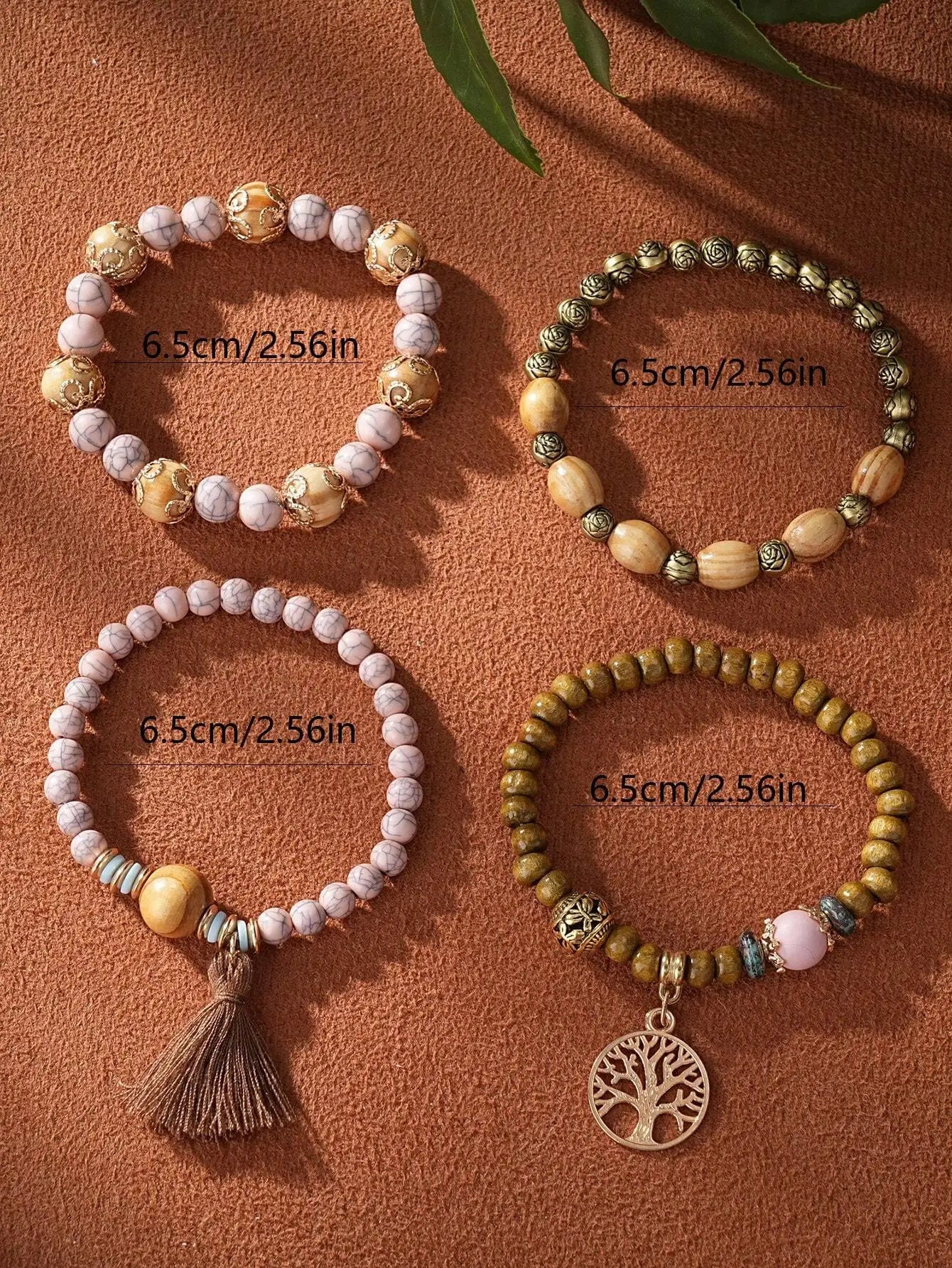4pcs/Set Boho Style Life Tree Tassel Pendant Multi-Layer Wooden Beads Bracelet
