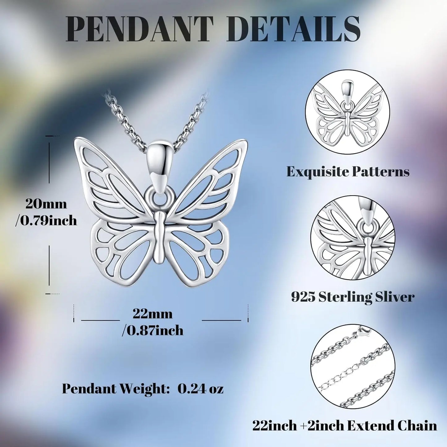 DRINSPER Butterfly Necklace 925 Sterling Silver Dainty Pendant