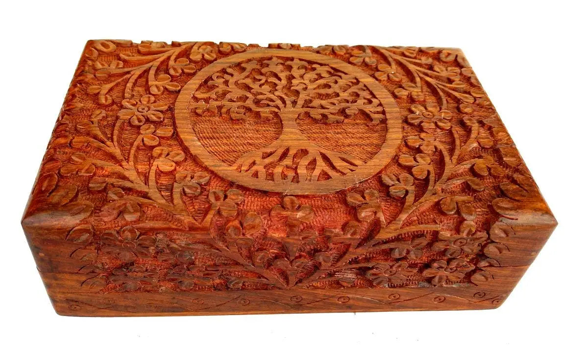 Hand Carved Wooden Jewelry Box With Tree Of Life Design