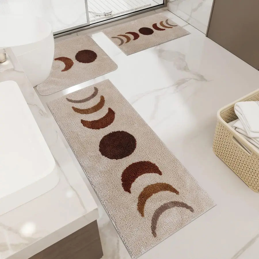 Moon Phase Non Slip Microfiber Bath Rug Set 3 Piece UShaped Toilet Mat