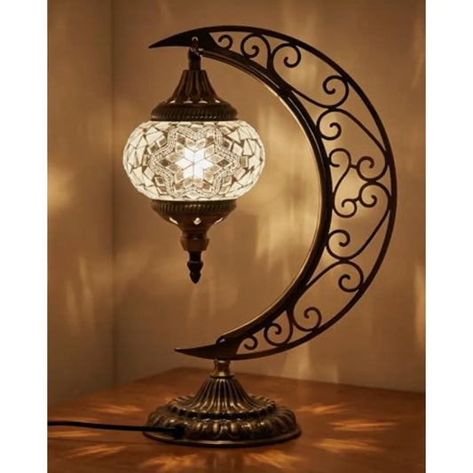 Turkish Mosaic Moon Lamp - Handmade Stained Glass Table Lamp with Metal Crescent Base, Bohemian Moroccan Bedside Night Light fo